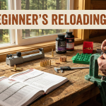 A person reloading ammunition for the first time as a beginner with a reloading manual open in front of him.