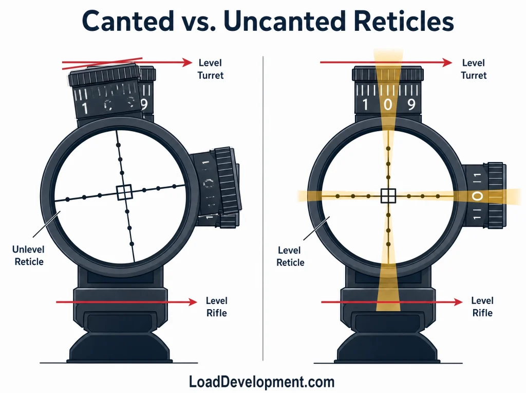 An image showing a canted rifle scope compared to a level mounted rifle scope.