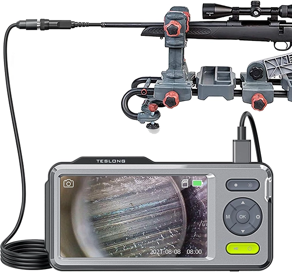 Teslong NTG500 bore scope checking a carbon ring or fouling in a rifle barrel.