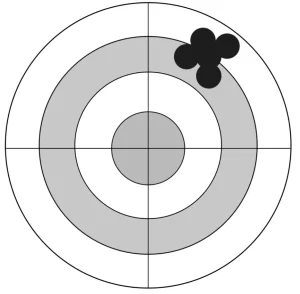 A target showing a precise load and shot group but not in an accurate point of aim position.