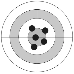 A target showing precisely centered shots, but not an accurate load grouping.
