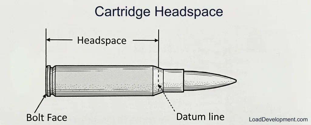 Illustration showing the measurement of a cartridge headspace, from the bolt face to the datum line.