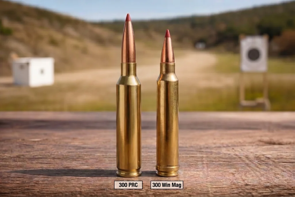 An image showing a 300 Winchester Magnum cartridge next to a 300 PRC cartridge, both loaded with Hornady bullets, at a shooting range.