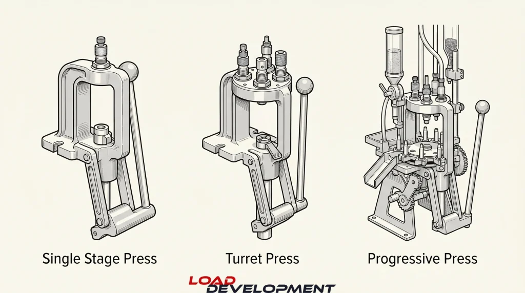 illustration showing a single stage reloading press vs a turret press vs a progressive press
