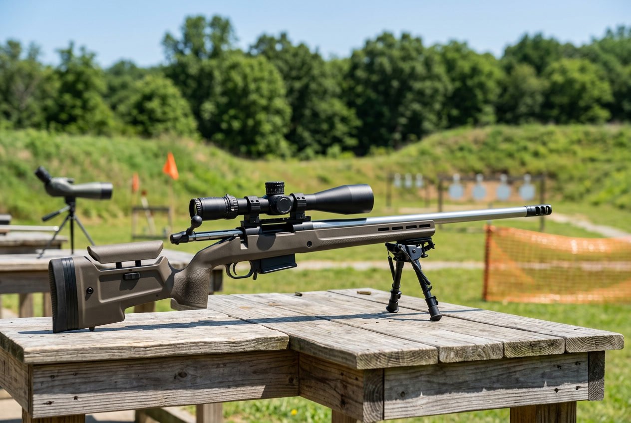 A 25 Creedmoor rifle set up on a shooting bench at an outdoor shooting range with targets in the background.