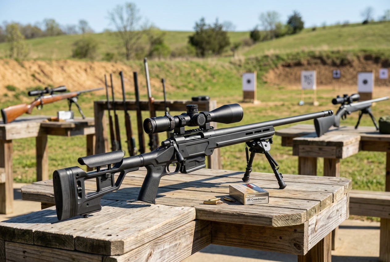 A 25 Creedmoor rifle displayed on a wooden shooting bench outdoors with other rifles in the background at a shooting range.