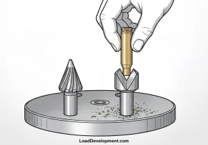 chamfer and debur brass casing on a brass prep station
