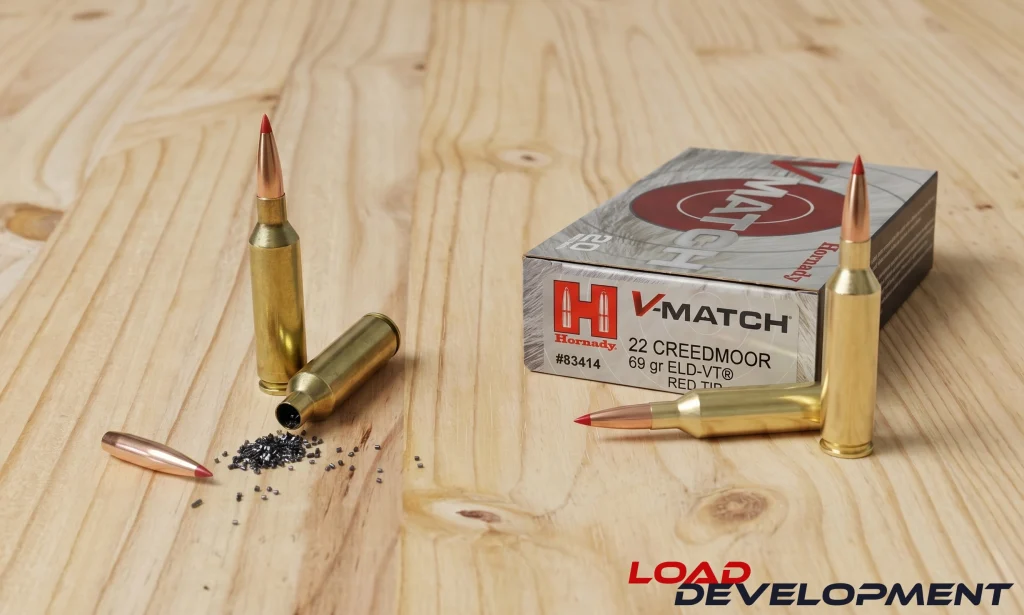 22 Creedmoor handloaded ammo next to Hornady 22 Creedmoor match ammo
