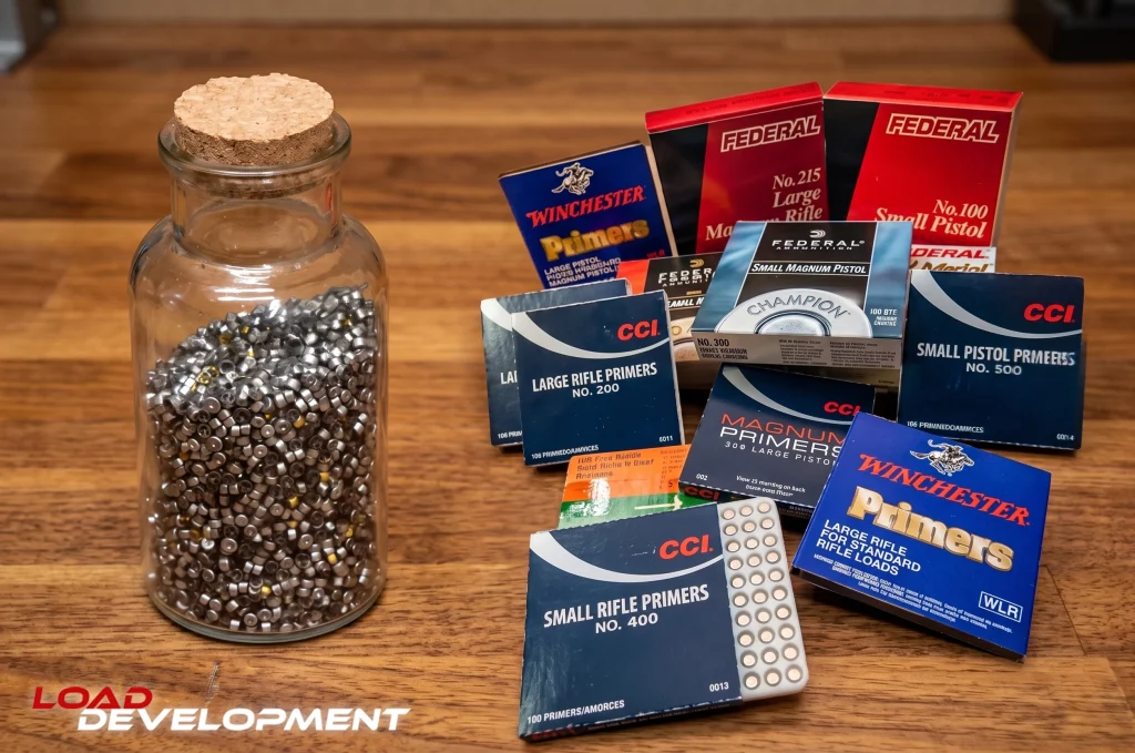 news packs of different types of reloading primers next to a bottle of fired primers