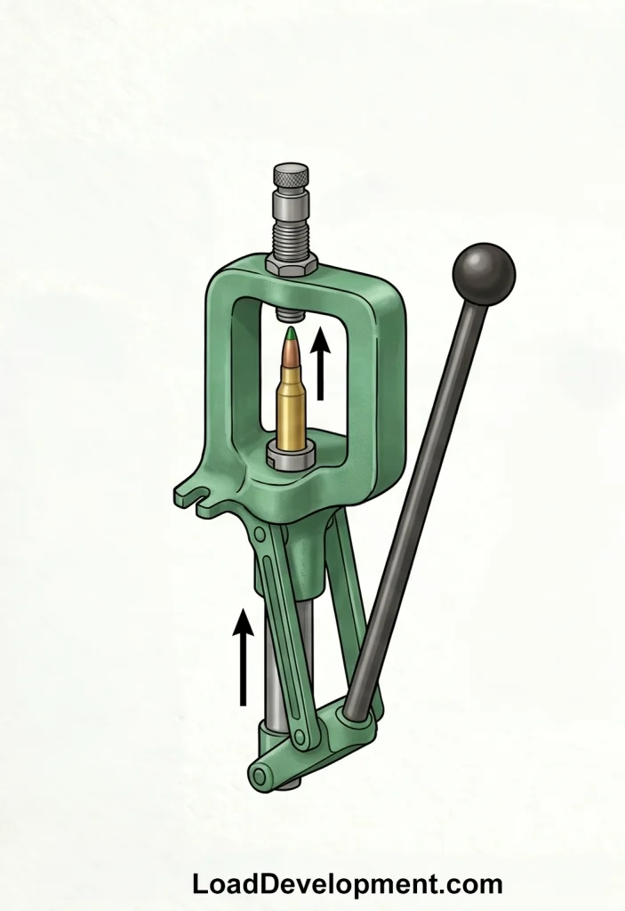Reloading press seating a bullet into the cartridge
