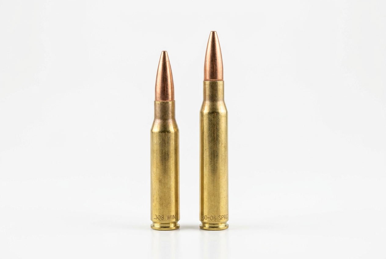 Two rifle cartridges standing upright side by side on a white background.