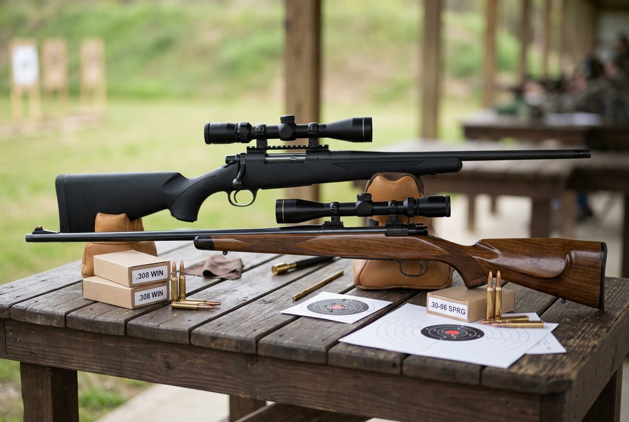 Two rifles and ammunition displayed on a wooden table with shooting targets and a shooting range in the background.