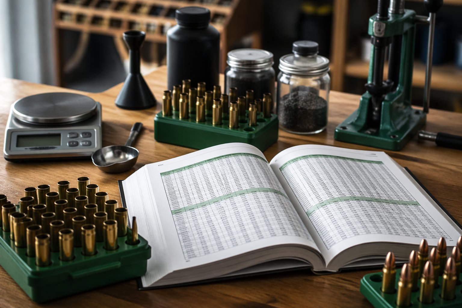A workspace with a reloading manual open to powder load data charts, surrounded by reloading tools and brass cartridge cases on a wooden table.