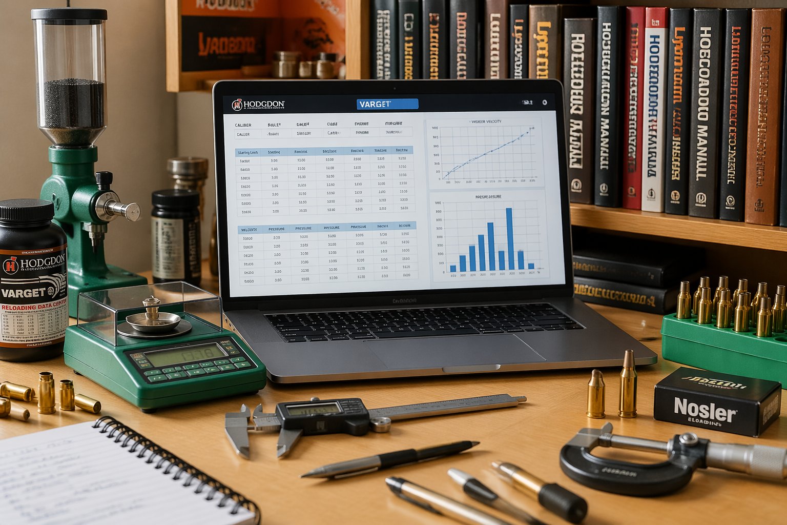 A workspace with a laptop showing detailed load data, surrounded by reloading tools and manuals.