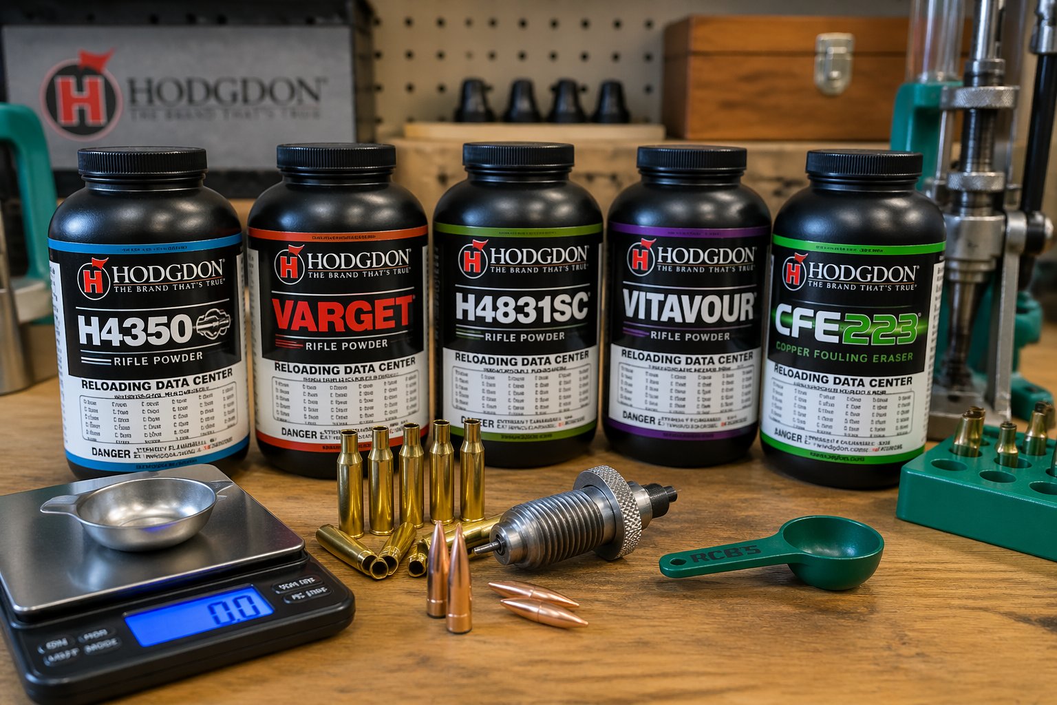 Close-up of Hodgdon powder containers and reloading equipment arranged on a wooden table.