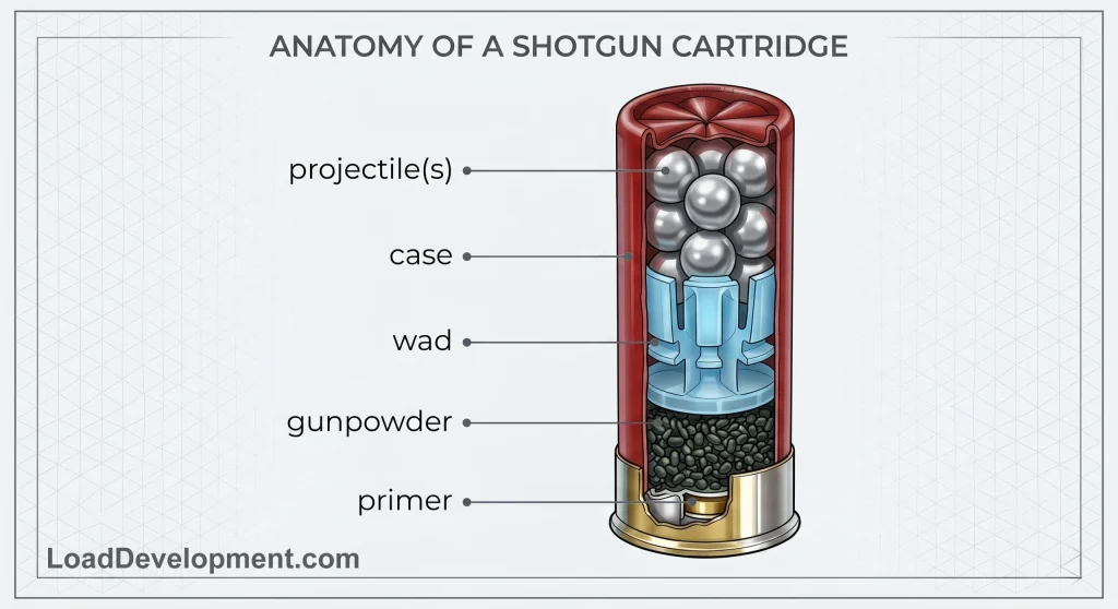 An illustration showing the parts of a shotgun shell, including the projectiles, case, wad, gunpowder and primer.