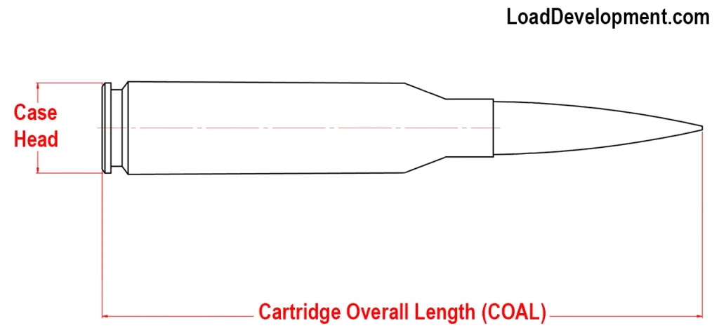 Illustration showing the cartridge overall length (COAL) and the Case head of a cartridge.