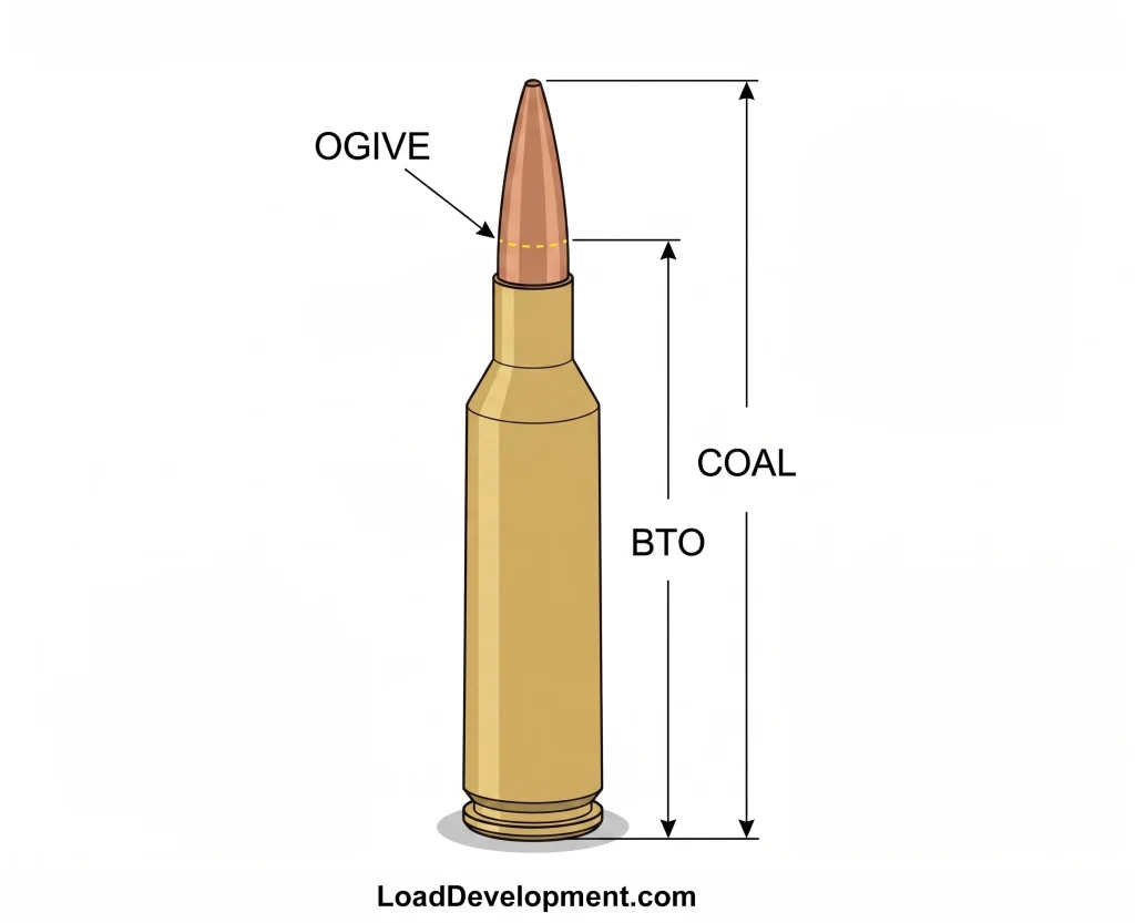 A diagram showing where a cartridge bullet ogive is, where the bto measurement is and where the coal measurement is.