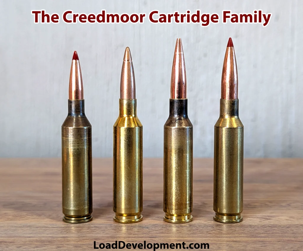 A 22 Creedmoor cartridge next to a 6mm Creedmoor, a .25 Creedmoor and a 6.5mm Creedmoor.