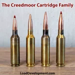 A 22 Creedmoor cartridge next to a 6mm Creedmoor, a .25 Creedmoor and a 6.5mm Creedmoor.