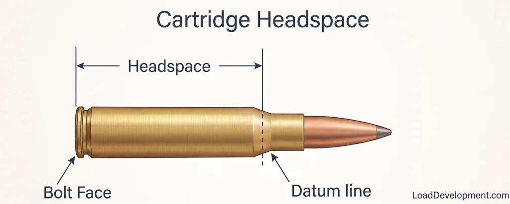 An illustration showing correct points on cartridge where headspace is measured.