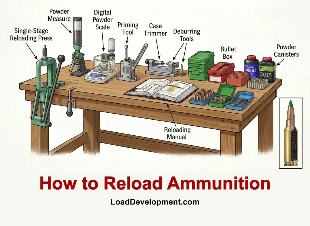 a reloading bench showing beginners the reloading equipment used to reload ammunition