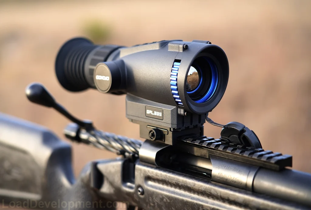 A Goyojo thermal scope mounted on a varmint rifle.