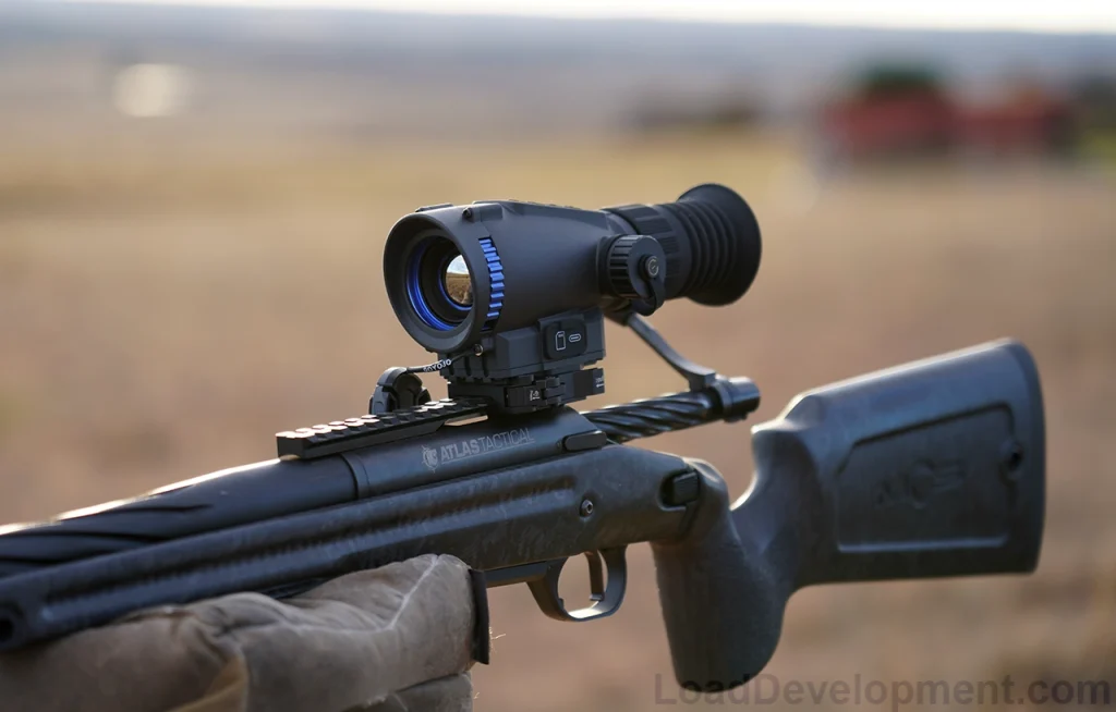 A thermal GRL335 scope mounted on a rifle for night hunting.