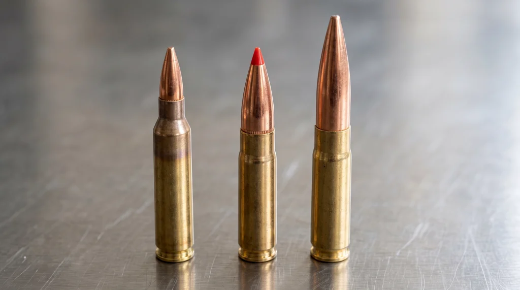 A side-by-side macro photo of three cartridges: a standard 5.56 (like a 55gr or 77gr), a supersonic .300 Blackout (like a 110gr V-MAX), and a massive subsonic .300 Blackout (like a 220gr SMK).