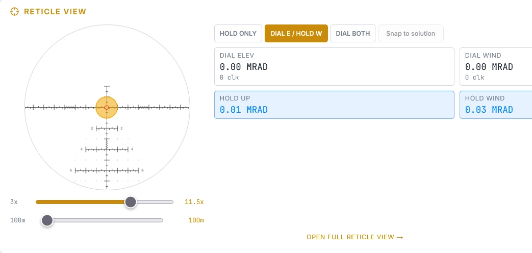 Reticle view in the ballistX ballistic calculator to show wind hold and elevation holdover.
