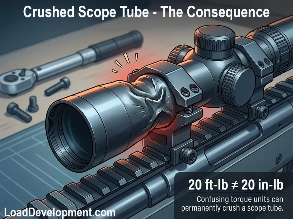 The result of confusing inch-pounds with foot-pounds: a permanently crushed and ruined scope tube.