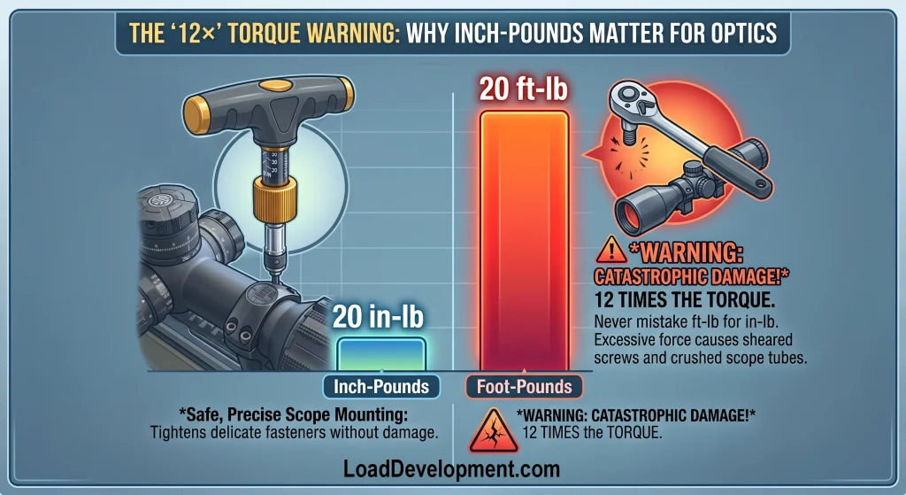 An inch-pound torque wrench is the right tool for optics and action fasteners. A foot-pound wrench can't resolve these small values — most don't even begin to register until well above scope-ring torque.