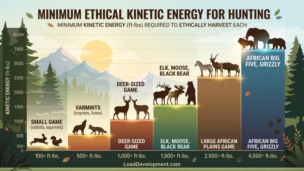 Chart showing the minimum bullet kinetic energy in foot-pounds required for ethical hunting of different game animals.