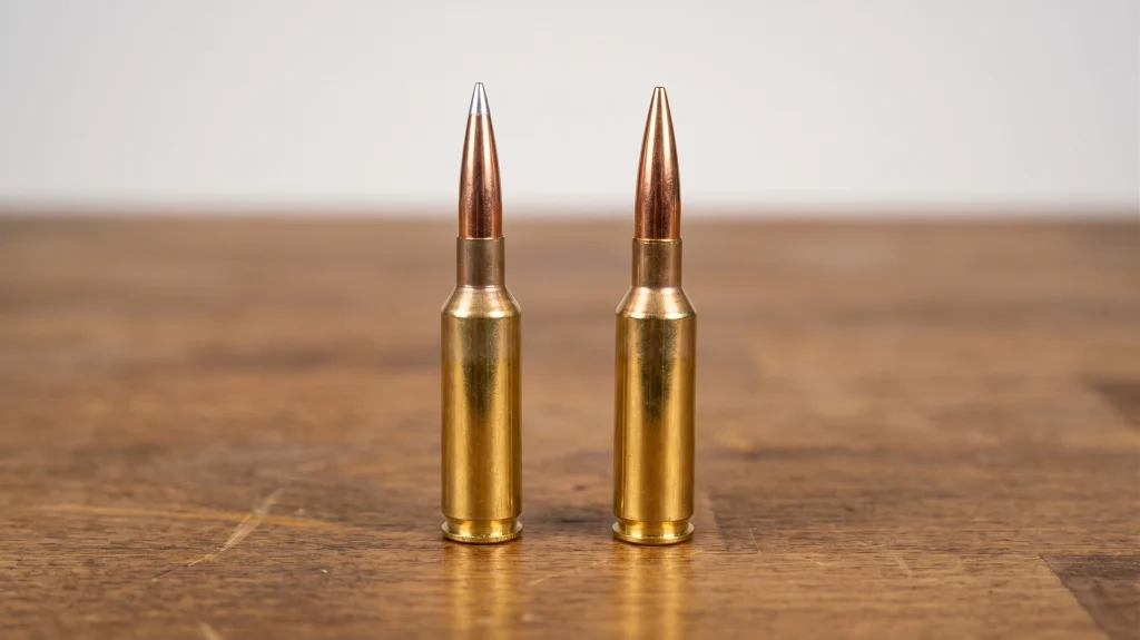 A Hornady 120gr 6mm A-tip bullet on the left and a Berger 120gr 6mm LRHT bullet on the right both loaded in 6mm GT cases.