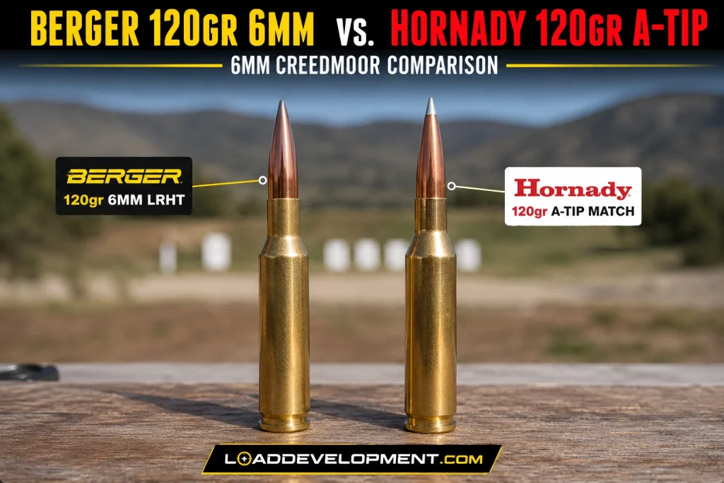 A comparison between a 120gr 6mm Berger LRHT and a Hornady 120gr 6mm A-Tip Match both loaded in 6mm Creedmoor.