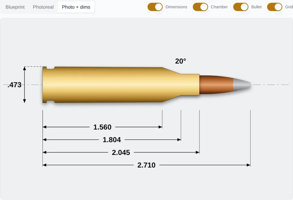 Cartridge Lab photoreal .243 Winchester with SAAMI-style dimension callouts: .473 rim, 20 degree shoulder, 1.560, 1.804, 2.045 and 2.710 inch stations